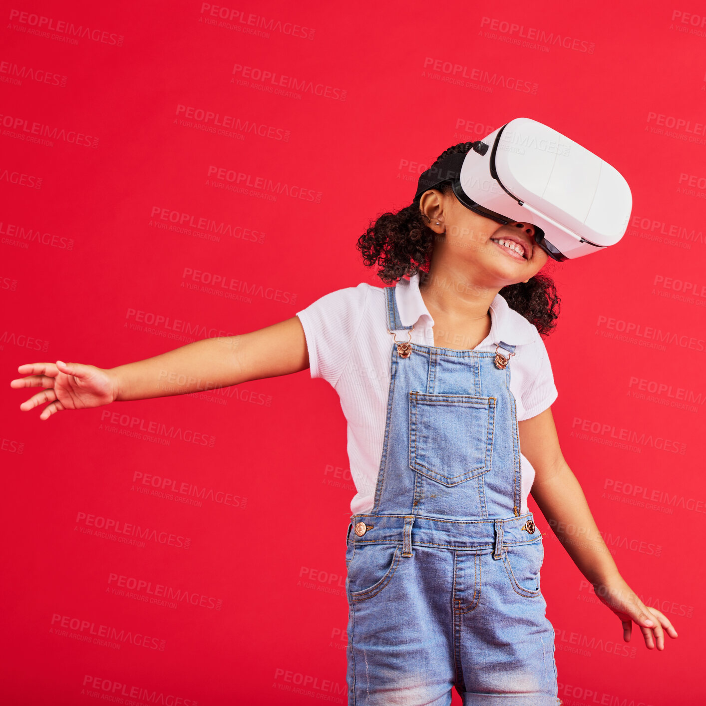Buy stock photo Gaming, virtual reality and metaverse with girl and glasses for digital transformation, video games and innovation. Happy, wow and augmented reality with child and vr headset for wow, future and 3d