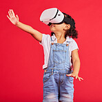 Gaming, virtual reality and wow with girl and glasses for digital transformation, video games and innovation. Happy, cyber and augmented reality with child and vr headset for technology, future or 3d