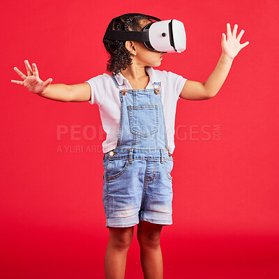 Buy stock photo Gaming, virtual reality and metaverse with girl and glasses for digital transformation, wow and innovation. Happy, cyber and augmented reality with child and vr headset for technology, future or 3d