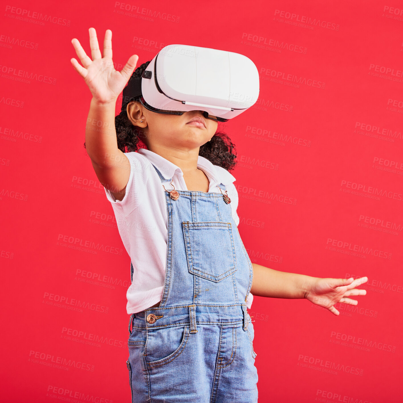 Buy stock photo Gaming, virtual reality and metaverse with girl and glasses for digital transformation, wow and innovation. Happy, cyber and augmented reality with child and vr headset for technology, future or 3d