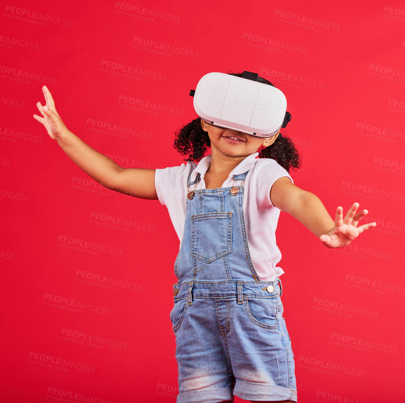 Buy stock photo Gaming, virtual reality and wow with girl and glasses for digital transformation, video games and innovation. Happy, cyber and augmented reality with child and vr headset for technology, future or 3d
