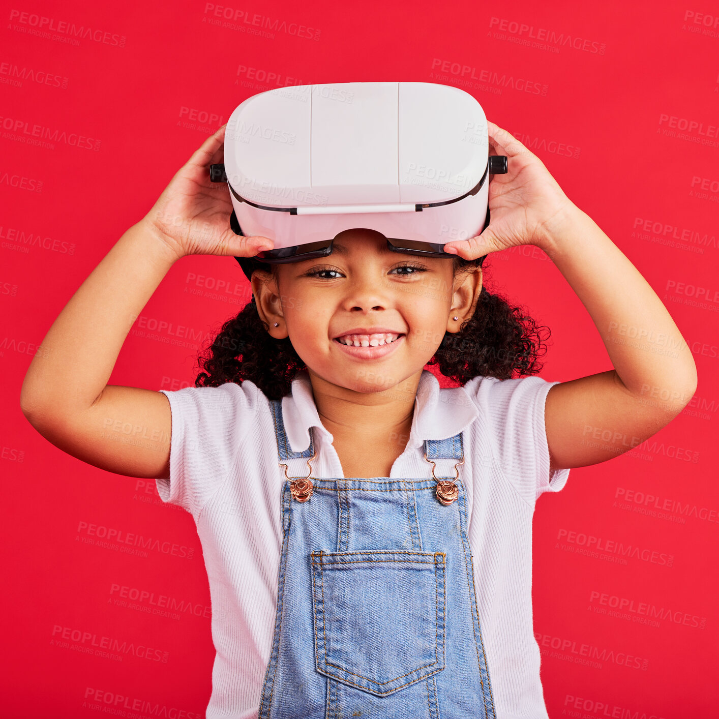 Buy stock photo Portrait, virtual reality or headset for children metaverse, 3d esports games or futuristic cyber gaming on red background. Smile, happy or playful kid and vr gamer technology for digital fantasy fun