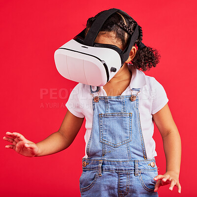 Buy stock photo Gaming, virtual reality and metaverse with girl and glasses for digital transformation, wow and innovation. Search, cyber and augmented reality with child and vr headset for technology, future or 3d