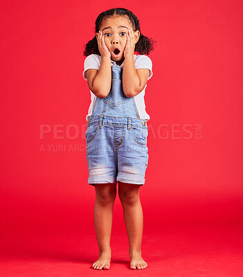 Buy stock photo Child portrait, shocked or hands on face by isolated red background in kids gossip, bad news or scary children story. Surprised, anxiety or scared girl and horror facial expression, wow or emoji look