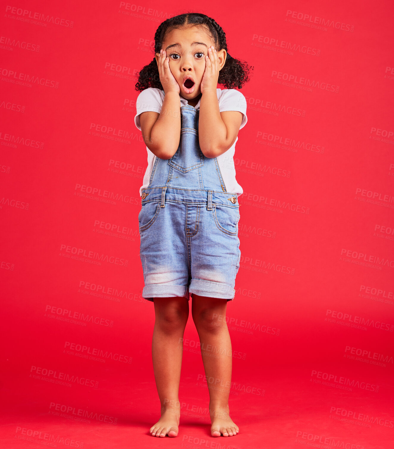 Buy stock photo Child portrait, shocked or hands on face by isolated red background in kids gossip, bad news or scary children story. Surprised, anxiety or scared girl and horror facial expression, wow or emoji look
