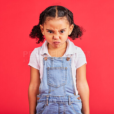 Buy stock photo Child, portrait or angry face on isolated red background in emoji tantrum, behavior or stubborn studio problem. Mad, annoyed or frustrated little girl and sulking, grumpy or anger facial expression