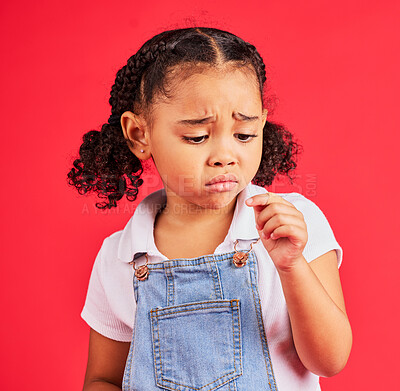 Buy stock photo Child, sad and finger injury with plaster on isolated red background for cut, sore and insect bite. Upset, unhappy and hurt little girl with bandage for medical help, healthcare wellness or first aid