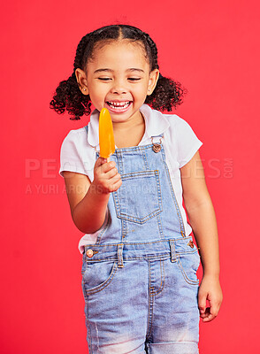 Buy stock photo Kid, laughing and ice cream on isolated red background with fashion, cool or trendy clothes for summer holiday, break or vacation. Happy, child or girl with lolly, cold sweet and food for heat relief