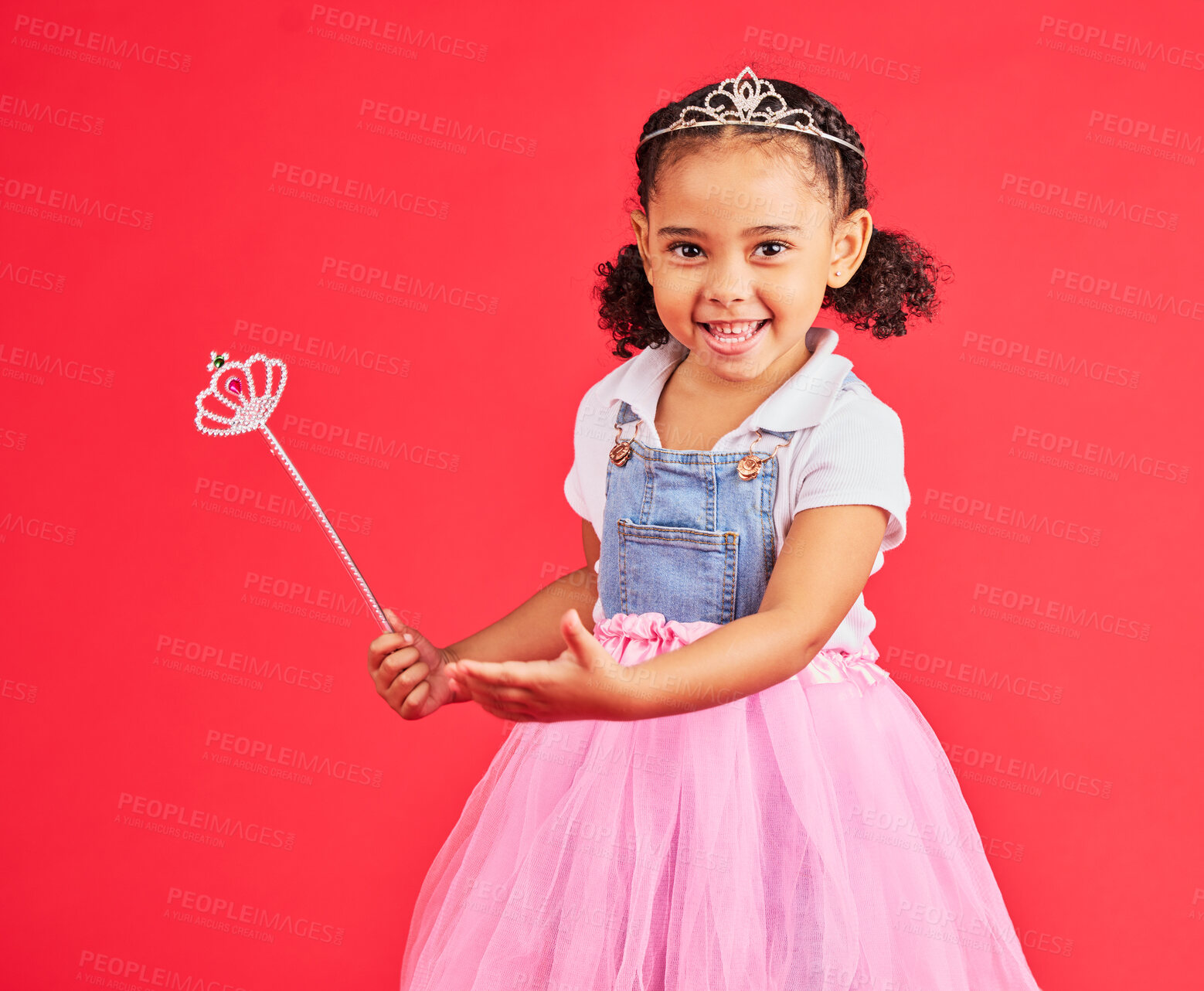 Buy stock photo Portrait, child and princess dress with magic wand, fantasy and red background on studio mockup. Happy kids, fairytale clothes and fashion crown with smile, play or happiness in girly ballerina skirt