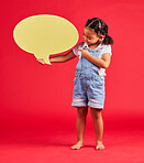 Child, pointing or speech bubble in ideas, opinion or vote on isolated red background in social media, vision or news. Smile, happy or kid showing banner, paper or cardboard poster in speaker mockup