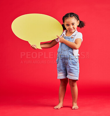 Buy stock photo Child portrait, pointing or speech bubble in ideas, opinion or vote on isolated red background in social media or news. Smile, happy or kid showing banner, paper or cardboard poster in speaker mockup
