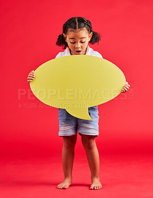 Buy stock photo Surprised, child or speech bubble for ideas, opinion or vote on isolated red background in social media or wow news. Shocked, girl or kid showing banner, paper or cardboard poster in speaker mockup