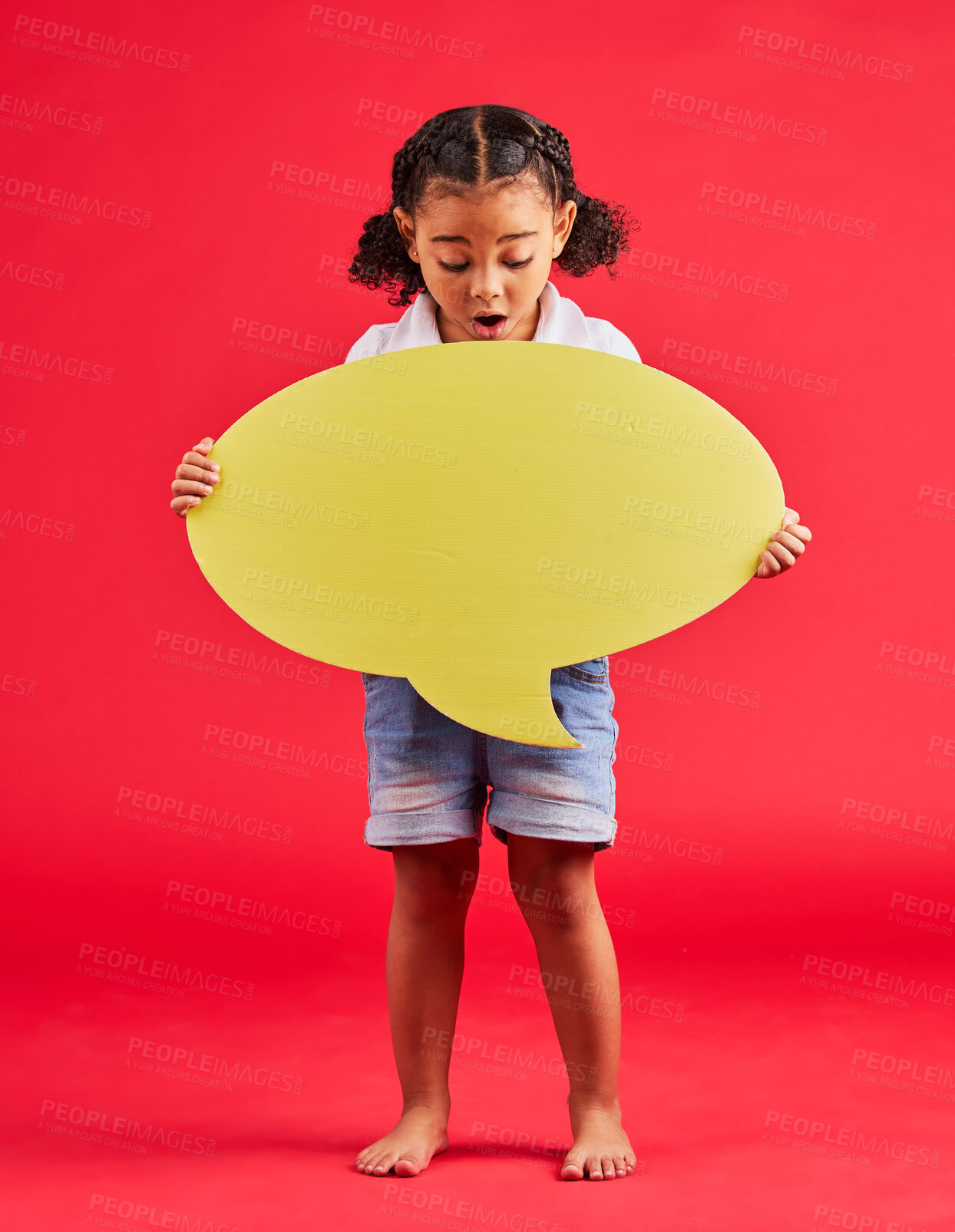 Buy stock photo Surprised, child or speech bubble for ideas, opinion or vote on isolated red background in social media or wow news. Shocked, girl or kid showing banner, paper or cardboard poster in speaker mockup