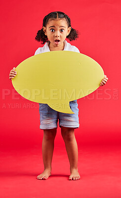 Buy stock photo Shocked, kid or portrait of speech bubble ideas, opinion or vote on isolated red background in social media or wow news. Surprised, girl or child and banner paper, cardboard poster or speaker mockup