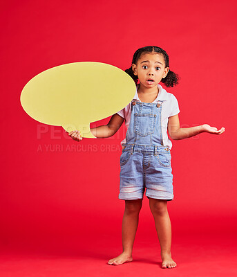Buy stock photo Confused, kid or portrait of speech bubble ideas, opinion or vote doubt on isolated red background in social media anxiety. Question, girl or child and banner paper, mock up poster or mistake review