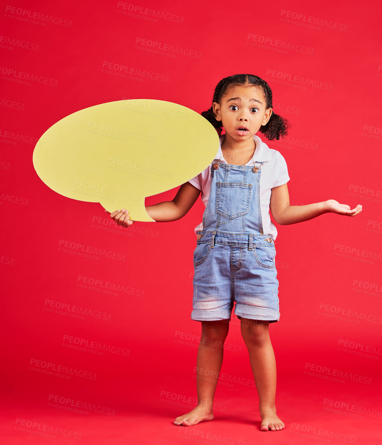 Buy stock photo Confused, kid or portrait of speech bubble ideas, opinion or vote doubt on isolated red background in social media anxiety. Question, girl or child and banner paper, mock up poster or mistake review