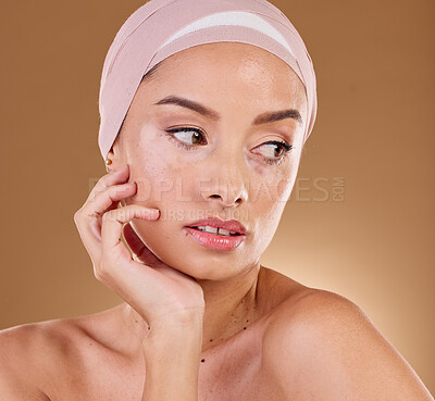 Buy stock photo Woman, face and beauty with skincare and vitiligo, natural cosmetics with skin wellness isolated on studio background. Body positivity, cosmetic glow and self love, inclusivity and genetic disorder