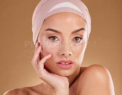 Buy stock photo Portrait, woman with face and skincare, vitiligo and natural cosmetics with skin wellness isolated on studio background. Body positivity, cosmetic glow and self love, inclusivity and genetic disorder