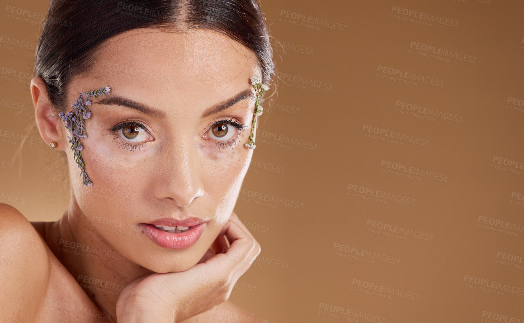 Buy stock photo Natural skincare, lavender flowers and woman with eco friendly cosmetics, facial product and beauty mockup. Sustainable dermatology, spa salon and face portrait of aesthetic model with floral makeup