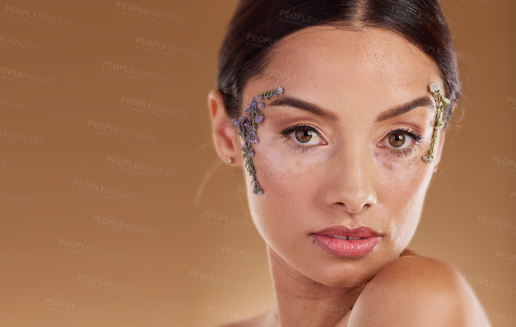 Buy stock photo Natural beauty, flowers or portrait of woman with eco friendly cosmetics, lavender facial product and skincare mockup. Sustainable dermatology, spa salon or face of aesthetic model with floral makeup