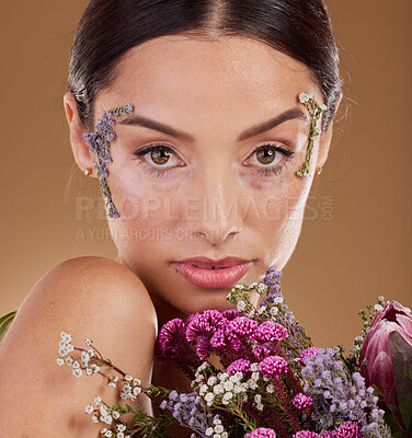 Floral beauty, flower bouquet and face of woman with eco friendly cosmetics, natural facial product or lavender skincare. Dermatology, spa salon and aesthetic model portrait with sustainable makeup