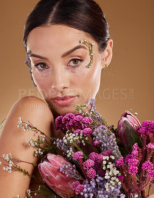 Beauty, flower bouquet or face portrait of woman with eco friendly cosmetics, natural facial product or lavender skincare. Sustainable dermatology, spa salon or aesthetic model with floral makeup