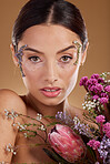 Floral beauty, flower bouquet and portrait of woman with eco friendly cosmetics, natural facial product or lavender skincare. Dermatology, spa salon and aesthetic model face with sustainable makeup