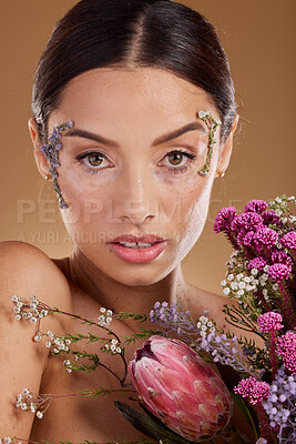 Buy stock photo Floral beauty, flower bouquet and portrait of woman with eco friendly cosmetics, natural facial product or lavender skincare. Dermatology, spa salon and aesthetic model face with sustainable makeup