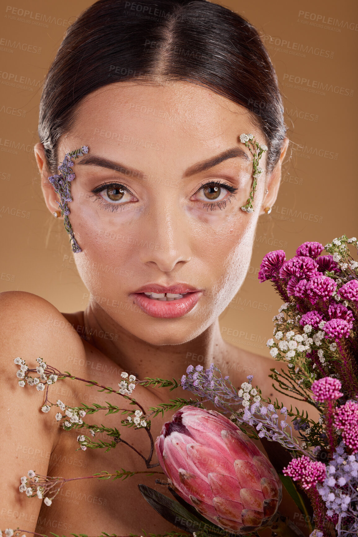 Buy stock photo Floral beauty, flower bouquet and portrait of woman with eco friendly cosmetics, natural facial product or lavender skincare. Dermatology, spa salon and aesthetic model face with sustainable makeup