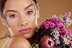 Makeup, flower bouquet and portrait of relax woman with eco friendly cosmetics, natural facial product or lavender skincare. Wellness, spa salon or aesthetic model face with sustainable floral beauty