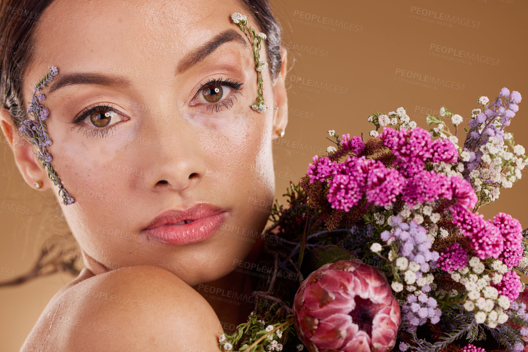 Buy stock photo Makeup, flower bouquet and portrait of relax woman with eco friendly cosmetics, natural facial product or lavender skincare. Wellness, spa salon or aesthetic model face with sustainable floral beauty