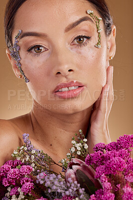 Buy stock photo Floral skincare, flower bouquet and portrait of woman with eco friendly cosmetics, natural facial product or lavender beauty. Dermatology, spa salon and aesthetic model face with sustainable makeup
