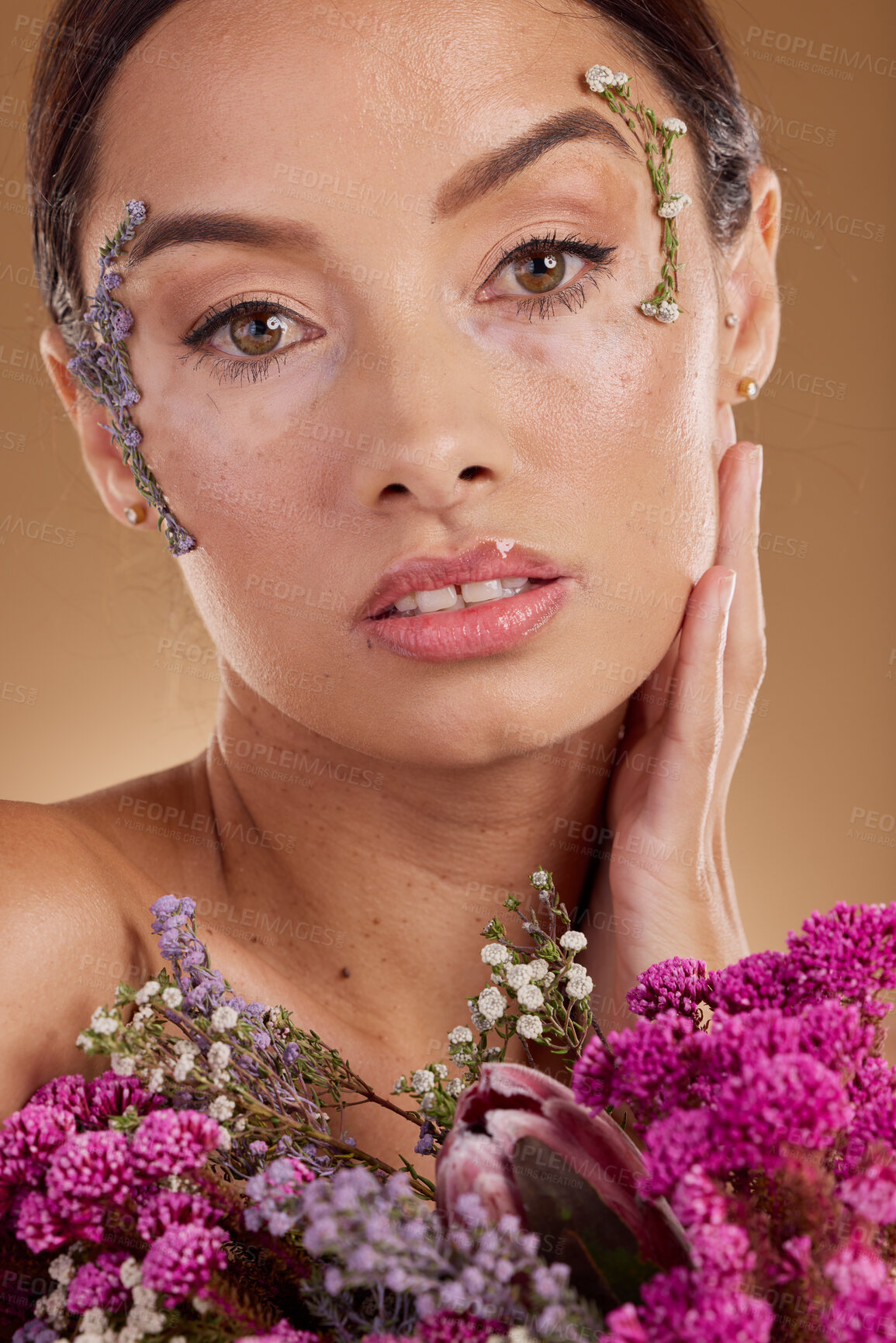 Buy stock photo Floral skincare, flower bouquet and portrait of woman with eco friendly cosmetics, natural facial product or lavender beauty. Dermatology, spa salon and aesthetic model face with sustainable makeup