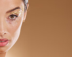 Beauty, glitter and face portrait of woman with luxury gold eyeshadow, cosmetics product and facial makeup glow. Skincare mockup, spa salon and aesthetic model girl with sparkle, shine and wellness
