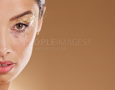 Buy stock photo Beauty, glitter and face portrait of woman with luxury gold eyeshadow, cosmetics product and facial makeup glow. Skincare mockup, spa salon and aesthetic model girl with sparkle, shine and wellness
