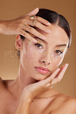 Buy stock photo Gold beauty, face glitter or woman with luxury eyeshadow, cosmetics product and skincare glow. Makeup girl, spa salon or aesthetic portrait model with jewelry ring, accessories or vitiligo healthcare