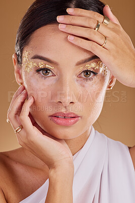 Buy stock photo Gold makeup, face glitter or woman with luxury eyeshadow, cosmetics product and skincare glow. Beauty girl, spa salon or aesthetic portrait model with jewelry ring, accessories or vitiligo healthcare