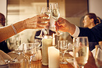 Success, hands or toast in a party in celebration of goals, achievement or new year at luxury event. Motivation, congratulations or people cheers with champagne drinks or wine glasses at dinner gala