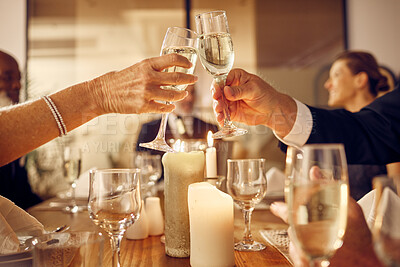Buy stock photo Success, hands or toast in a party in celebration of goals, achievement or new year at luxury event. Motivation, congratulations or people cheers with champagne drinks or wine glasses at dinner gala