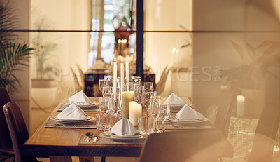 Buy stock photo Restaurant, fine dining or table in dinner celebration, birthday or new years party at luxury social event. Empty, nobody or decoration with champagne drinks or wine glasses at dinner gala on holiday