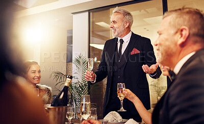 Buy stock photo Man, restaurant party and night for toast with friends, business executive team and happy for success. New year,  ceo celebration talk and people at gala with champagne, motivation and work community
