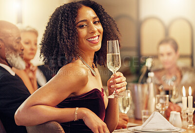 Buy stock photo Portrait, black woman or champagne glass for celebration, party or achievement with confident girl. Executive, African American female, lady or group at elegant event, alcohol or happiness with smile