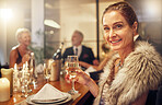 Portrait, senior woman and champagne, event and celebration for achievement, dinner gala and smile. Mature female, happy elderly lady and party with alcohol, elegant and glamour with stylish outfit