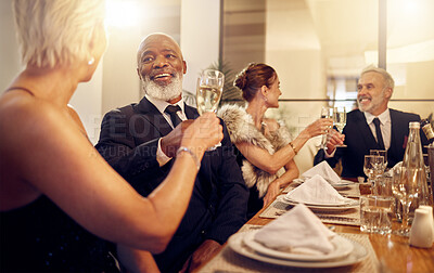 Buy stock photo Man, toast and friends at restaurant party in night for diversity, business executive team and success. New year,  celebration talk and people at gala with champagne, congratulations and solidarity