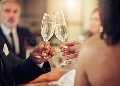 Buy stock photo Success, hands or champagne toast in a party in celebration of goals, achievement or new year at luxury event. Motivation, congratulations or friends cheers with drinks or wine glasses at dinner gala