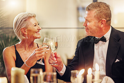 Buy stock photo Success, senior friends or toast in a party to celebrate goals, achievement or new year at luxury event. Motivation, mature or happy people cheers with champagne drinks or wine glasses at dinner gala