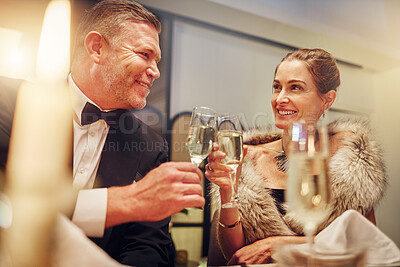 Buy stock photo Success, love or happy couple toast in a party in celebration of goals or new year at luxury event. Motivation, congratulations or people cheers with champagne drinks or wine glasses at dinner gala