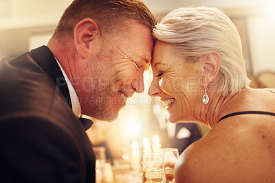 Buy stock photo Love, forehead or senior couple in a party in celebration of goals or new year at luxury social event. Romance, happy woman or romantic man smiles enjoy an embrace or bonding at dinner gala together