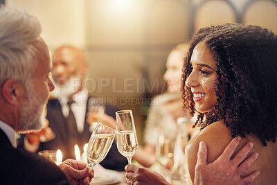 Buy stock photo Success, toast or happy people in a party in celebration of goals, achievement or new year at luxury event. Black woman, old man or friends cheers with champagne drinks or wine glasses at dinner gala