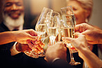Success, people and dinner with toast, champagne and elegant team, party and celebration together. Friends, closeup and cheers for achievement, wine glasses and fine dining at gala event and luxury 